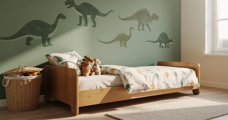 Chambre d'enfant décorée avec des accessoires dinosaure en vert sauge et bois clair