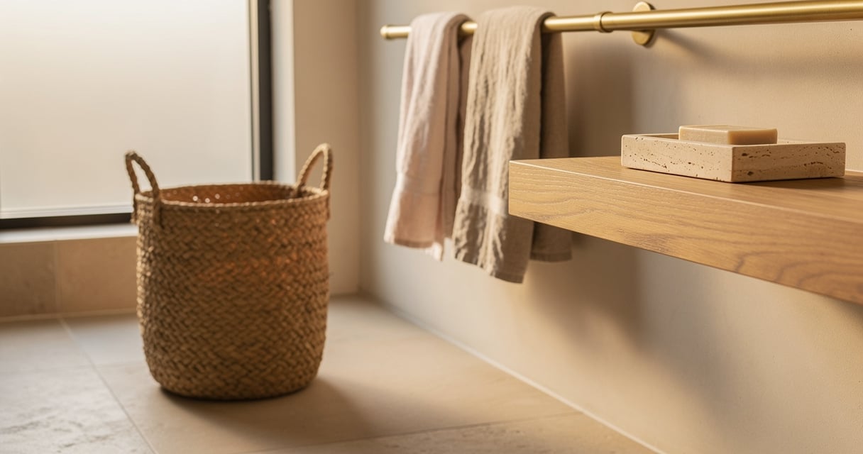 Salle de bain en matières naturelles avec panier en jonc de mer, étagère en chêne et porte-savon en travertin