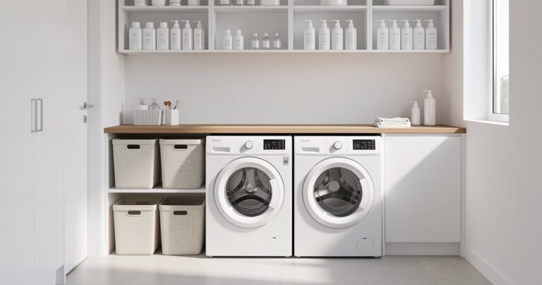 Buanderie pratique avec lave-linge et sèche-linge côte à côte plan de travail