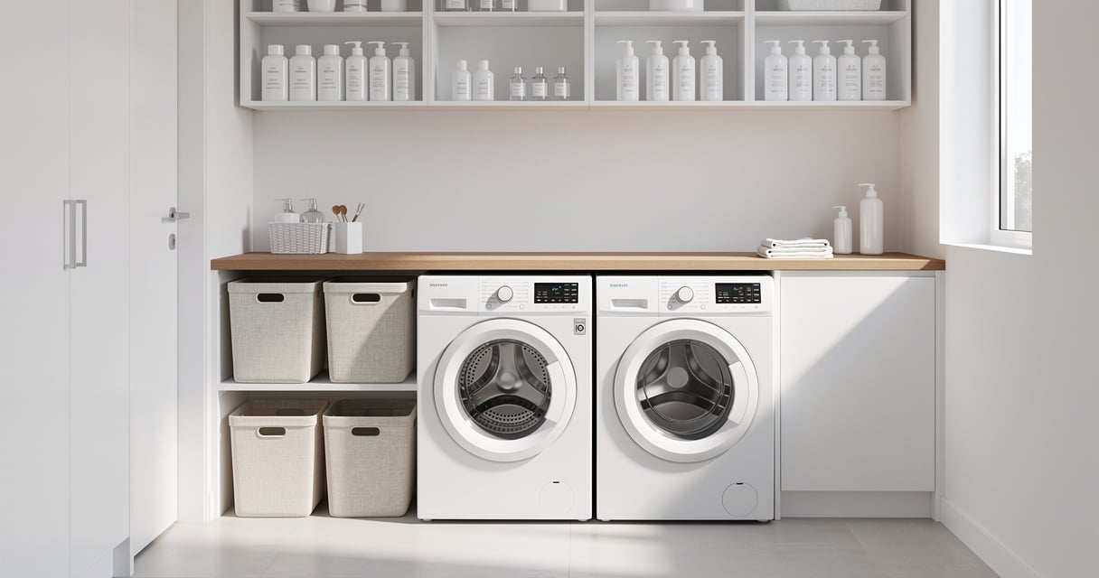 Buanderie pratique avec lave-linge et sèche-linge côte à côte plan de travail