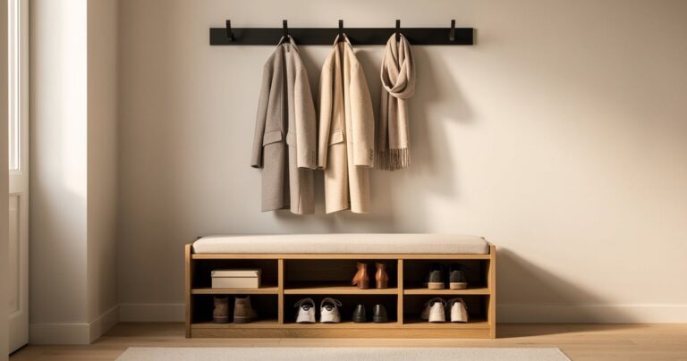 Banc coffre d'entrée en bois avec rangement chaussures et patères pour manteaux