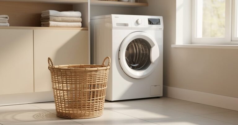 Panier à linge en bambou dans une buanderie moderne et lumineuse