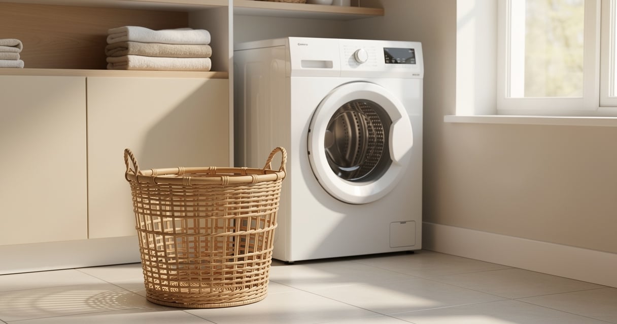 Panier à linge en bambou dans une buanderie moderne et lumineuse