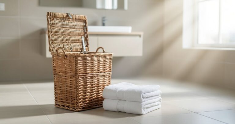 Panier à linge en osier ouvert dans une salle de bain lumineuse
