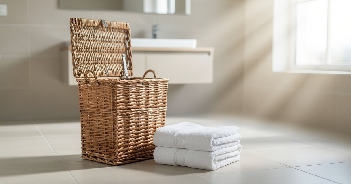 Panier à linge en osier ouvert dans une salle de bain lumineuse