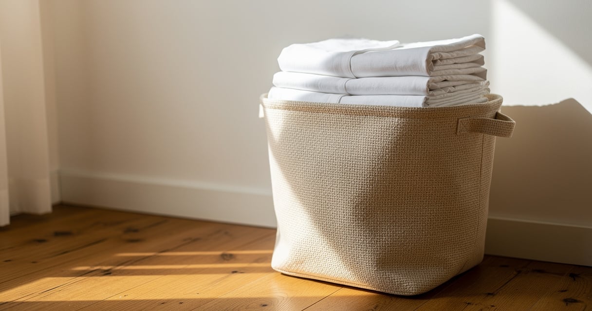 Panier a linge en coton biologique pose sur un parquet dans une chambre lumineuse