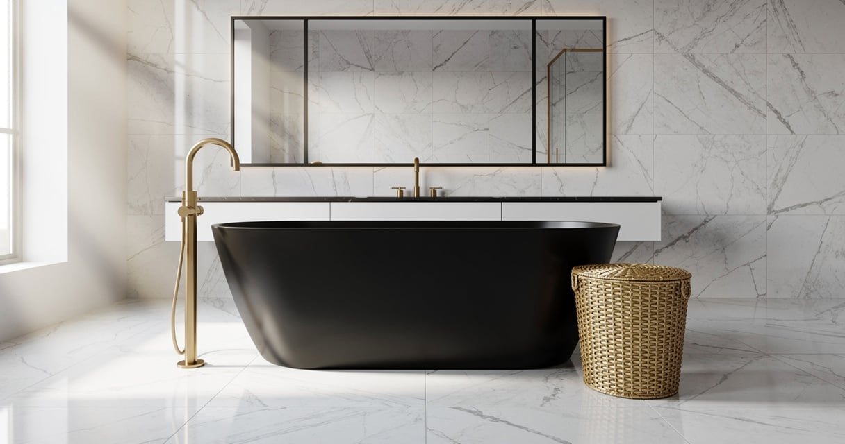 Salle de bain moderne dans les couleurs or, noir et blanc tendance 2026 avec baignoire ilot noire et accessoires dorés