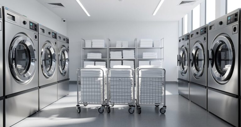 Lingerie professionnelle d hotel avec machines industrielles et chariots a linge