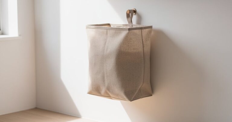 Panier à linge suspendu fixé au mur dans une salle de bain blanche