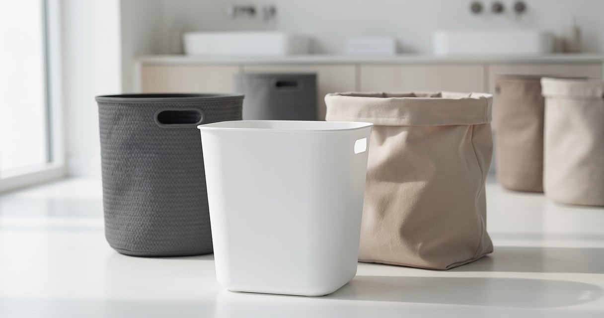 Comparatif visuel de paniers à linge de différentes marques en plastique, tissu et osier