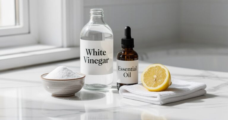 Kit de nettoyage naturel pour la salle de bain : vinaigre blanc, bicarbonate, huile essentielle et chiffon microfibre