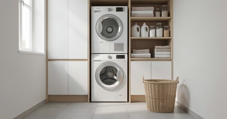 Buanderie compacte avec lave-linge et sèche-linge superposés et étagères murales