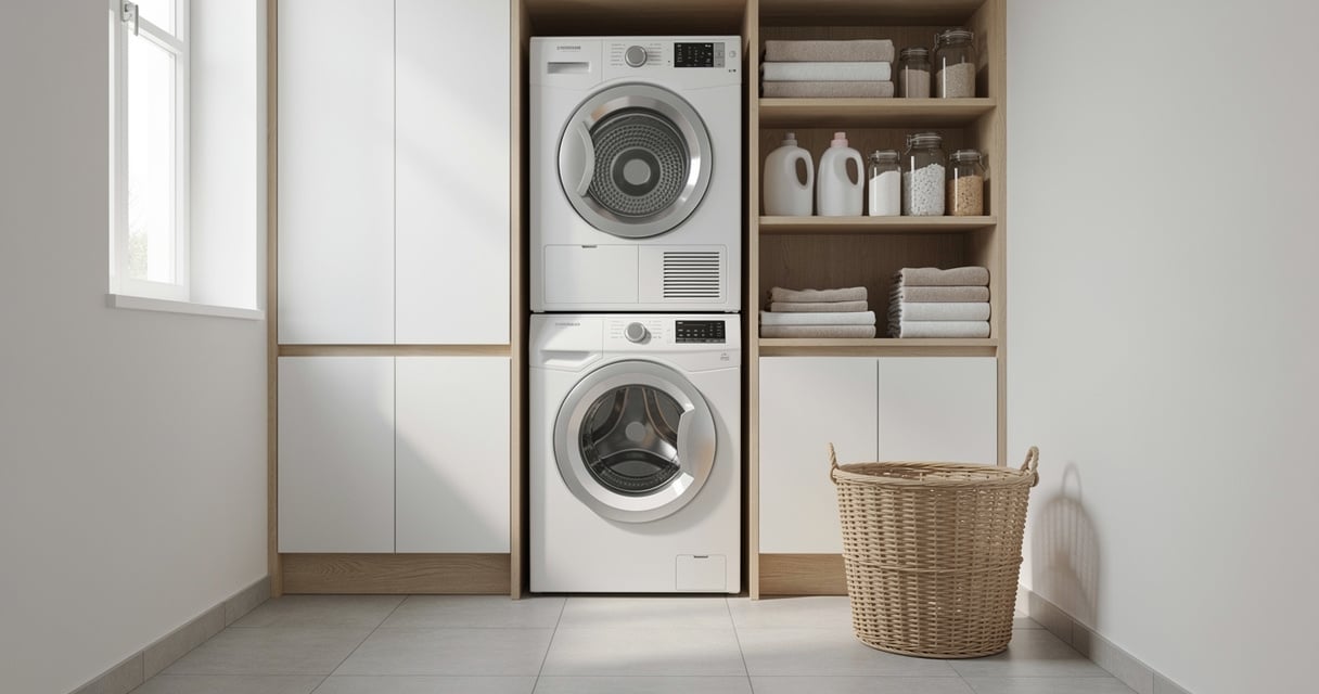 Buanderie compacte avec lave-linge et sèche-linge superposés et étagères murales