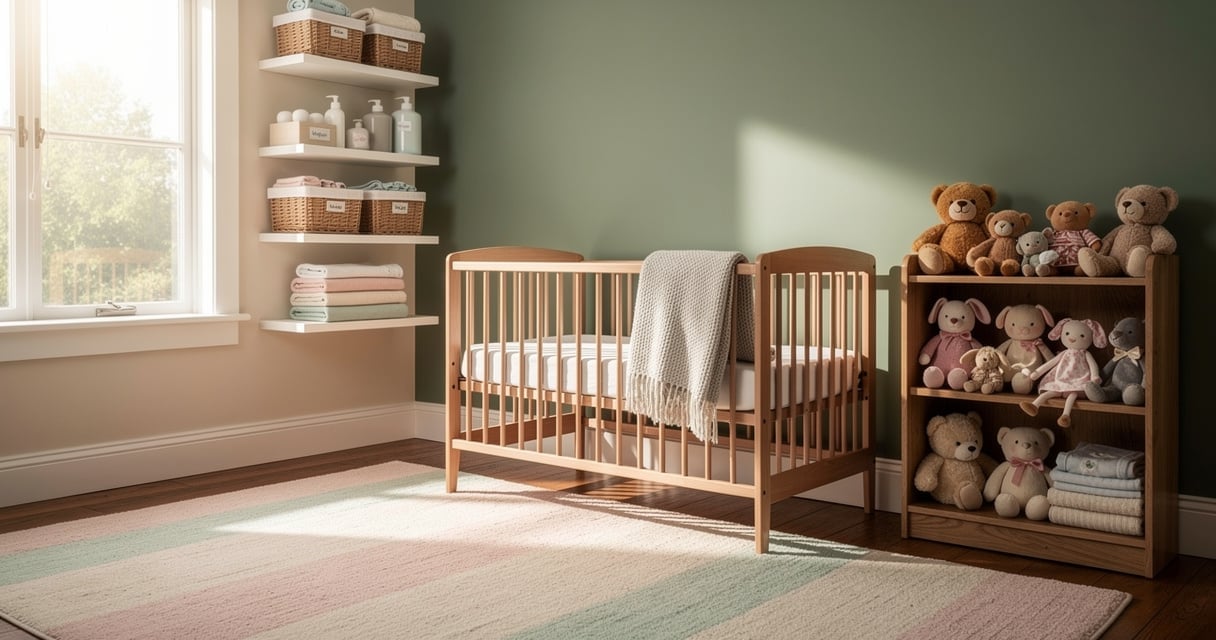 Chambre de bébé organisée avec rangements en osier et étagères en bois