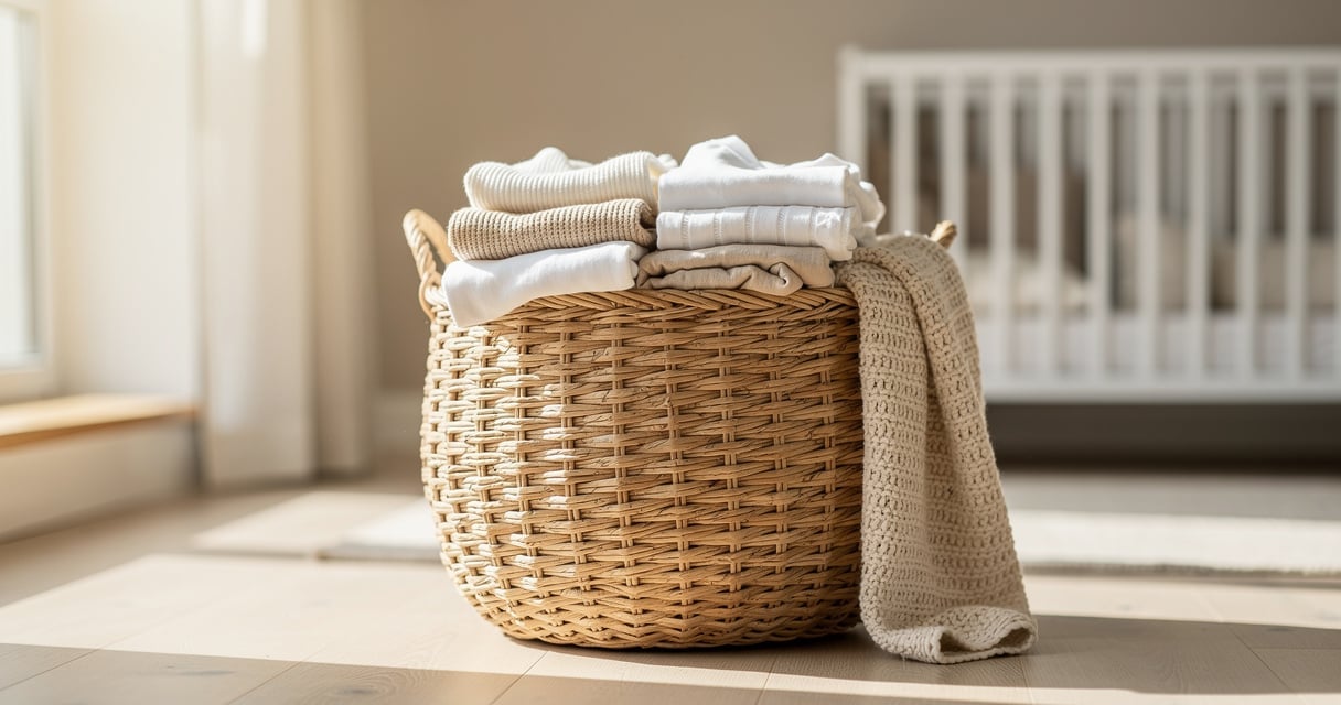 Panier à linge bébé en osier naturel dans une chambre de nourrisson