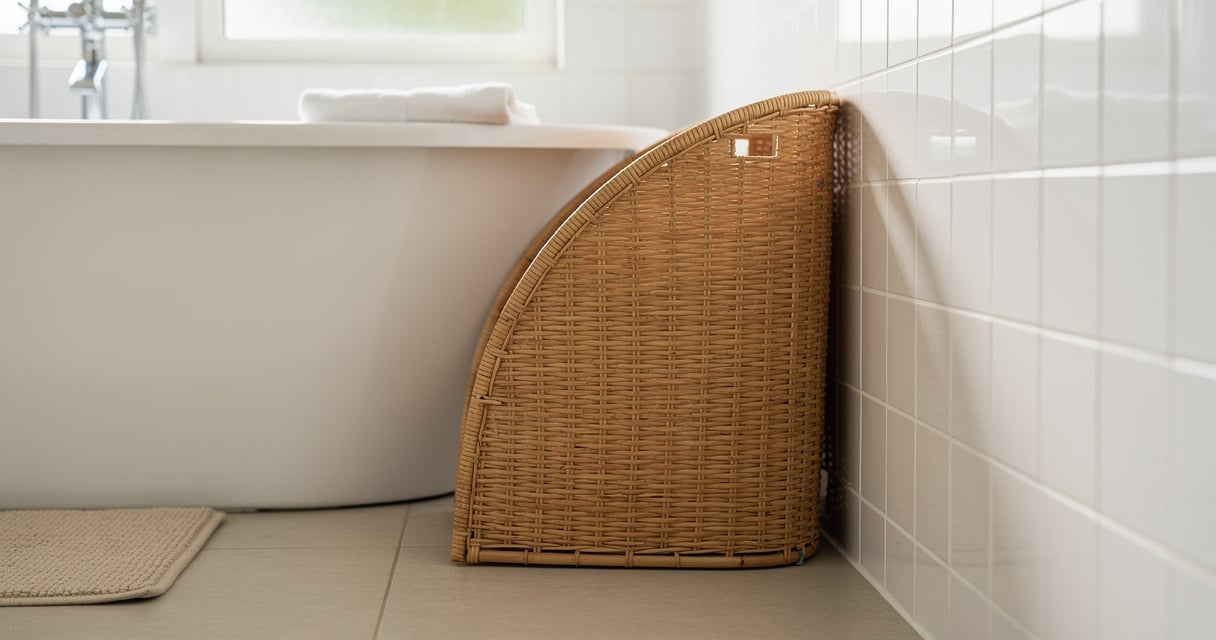 Panier à linge d'angle en bambou installé dans le coin d'une salle de bain moderne