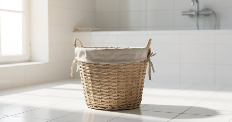 Panier à linge en osier avec doublure en lin dans une salle de bain lumineuse