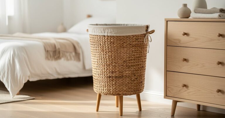 Panier à linge sur pied élégant en fibres naturelles dans une chambre lumineuse