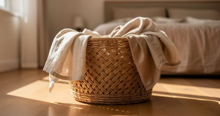 Panier à linge en osier tressé posé sur un parquet dans une chambre lumineuse