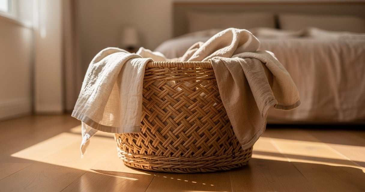 Panier à linge en osier tressé posé sur un parquet dans une chambre lumineuse