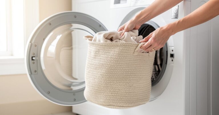 Housse de panier à linge en tissu beige glissée dans un lave-linge ouvert