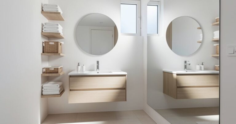Petite salle de bain optimisée avec meuble vasque suspendu et étagères murales blanches