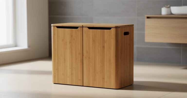 Panier à linge double avec couvercle bambou dans une salle de bain moderne