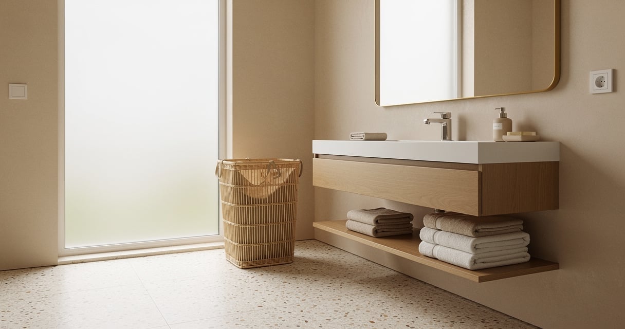 Salle de bain moderne avec panier à linge en bambou et meuble vasque en bois