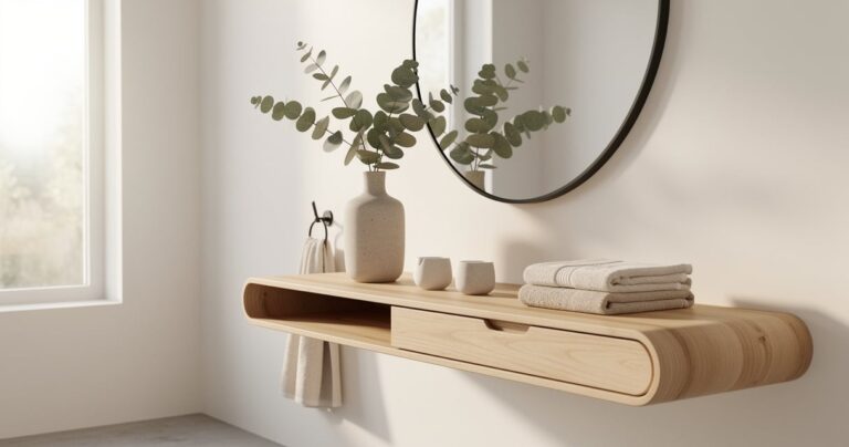 Salle de bain au style scandinave avec étagère en chêne, miroir rond et eucalyptus