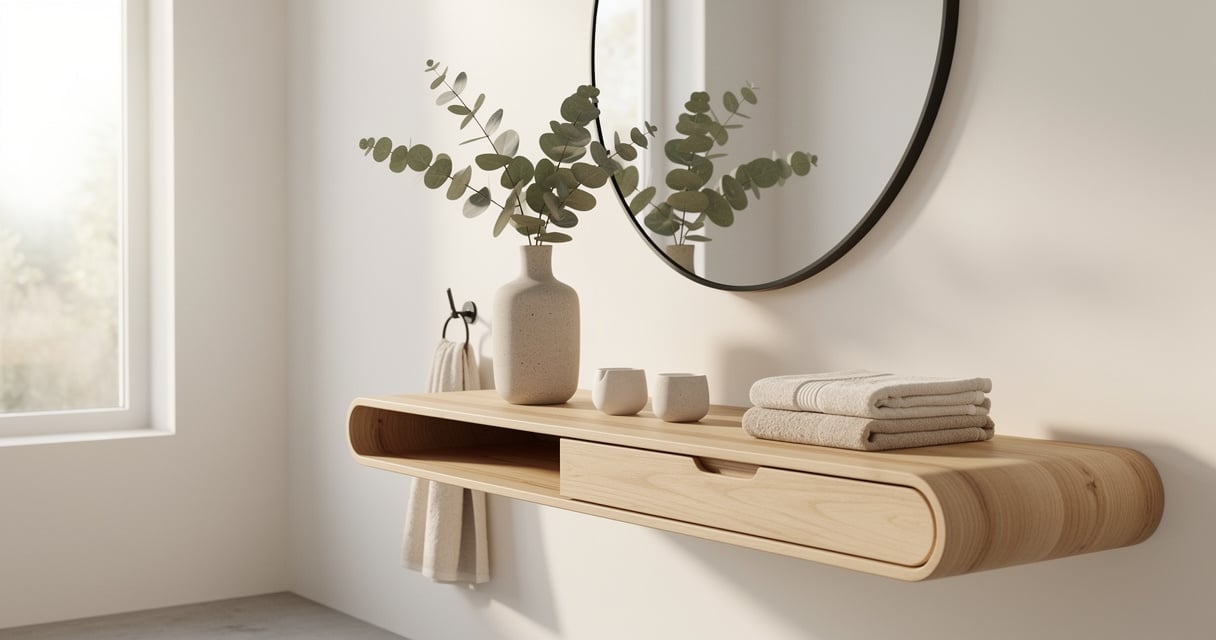 Salle de bain au style scandinave avec étagère en chêne, miroir rond et eucalyptus