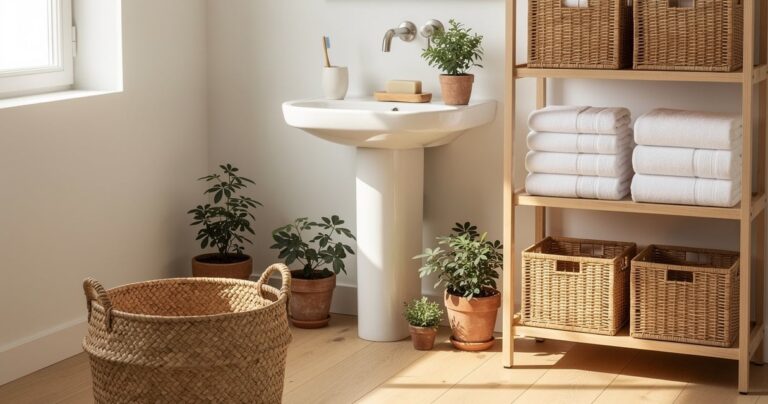 Salle de bain zéro déchet avec accessoires écoresponsables et matières naturelles : panier en jonc de mer, serviettes en coton bio, savon solide et brosse en bambou