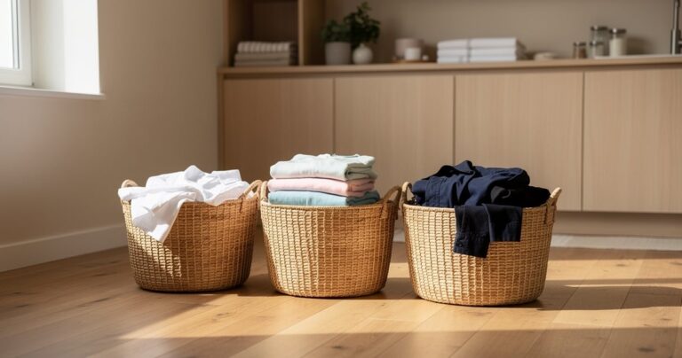 Trois paniers à linge alignés pour le tri par couleur dans une buanderie